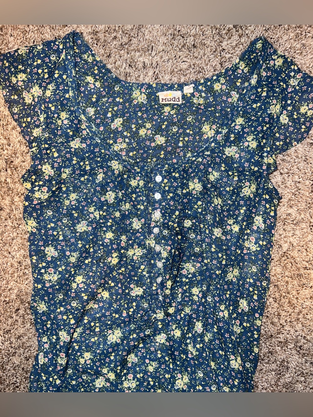 Mudd Navy Blue Floral Button-Front Blouse Y2K Small 90’s Cottagecore